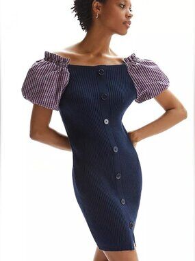 Maeve Navy Blue Knit Puff Sleeve Mini Dress
